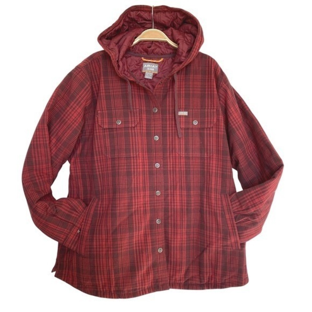 Ariat Rebar‎ Flannel Hooded Shacket Women XL Rosewood Plaid Workwear Utility NWT